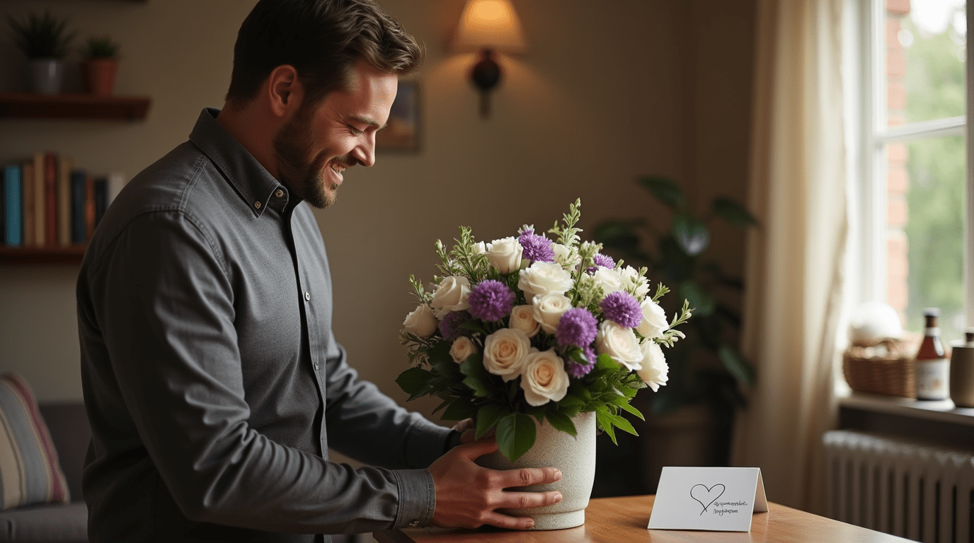 Man krijgt bloemen van zijn vrouw en hij koestert het gebaar
