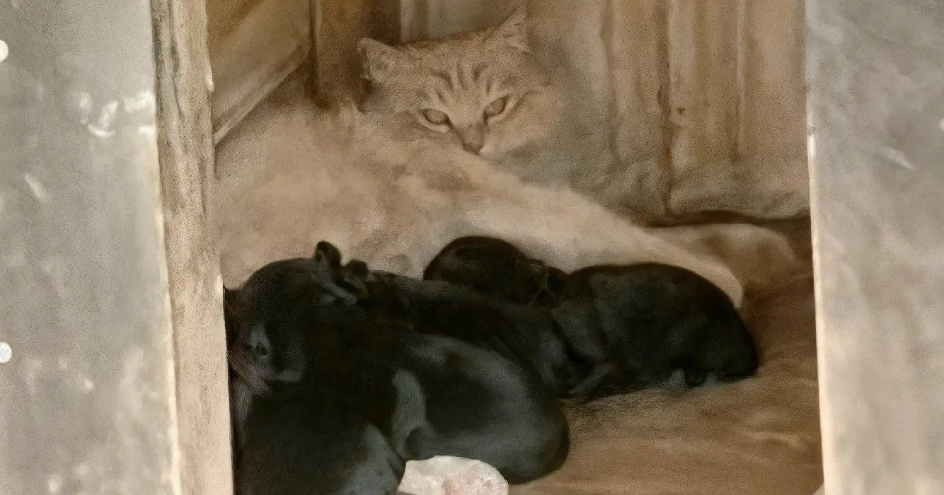 Buren zien hoe poes pasgeboren puppy’s steelt – hun hart smelt als ze zien waarom 