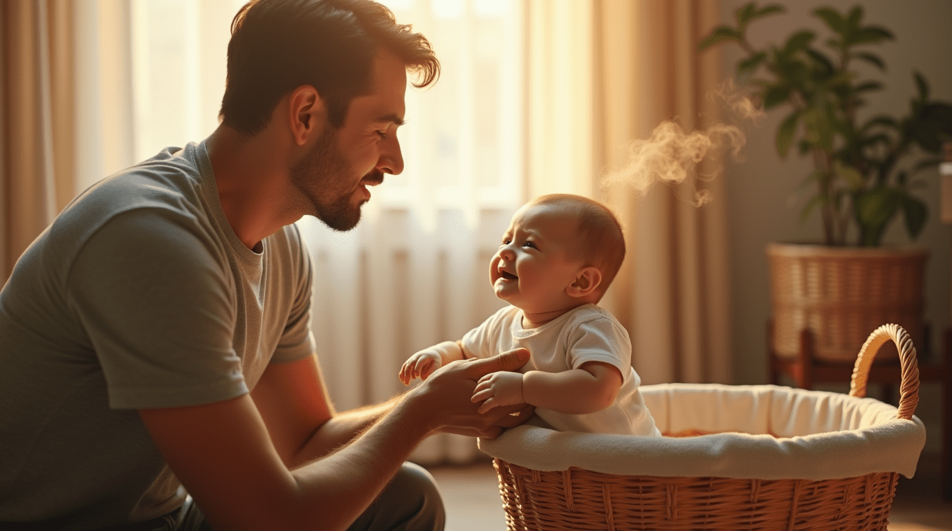 Photo‑realistic, heart‑tugging scene: a young father kneels beside a wicker laundry basket in a softly lit nursery, holding out a gently wrinkled, unwashed T‑shirt toward his crying 3‑month‑old baby. The infant’s tears turn into a serene smile as stylized, translucent “scent waves” drift from the shirt toward the baby’s face. Warm golden sunlight streams through a window, casting a cozy glow. Capture raw emotion and relief in the baby’s expression, the father’s gentle, caring posture, and the everyday laundry setting — a scroll‑stopping, shareable moment of parental love and the power of scent.