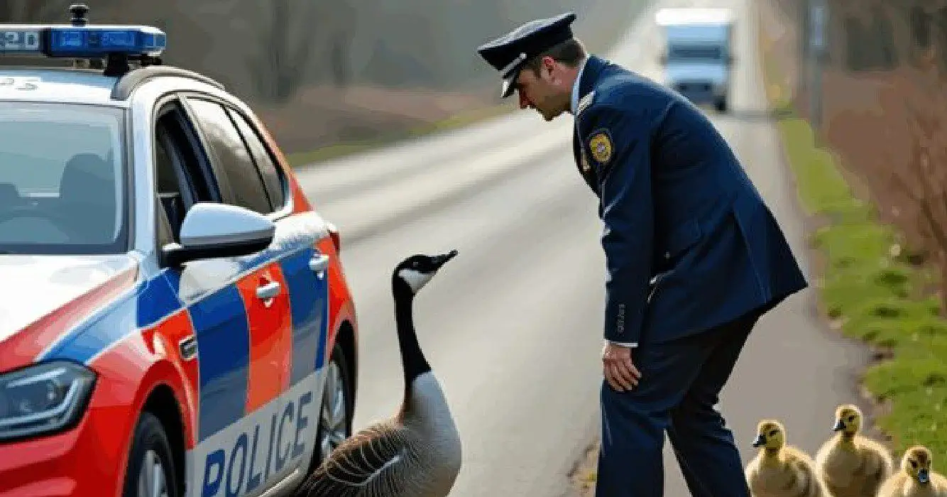 Moedergans bonkt op autodeur agent en lijkt hem ergens naartoe te willen leiden