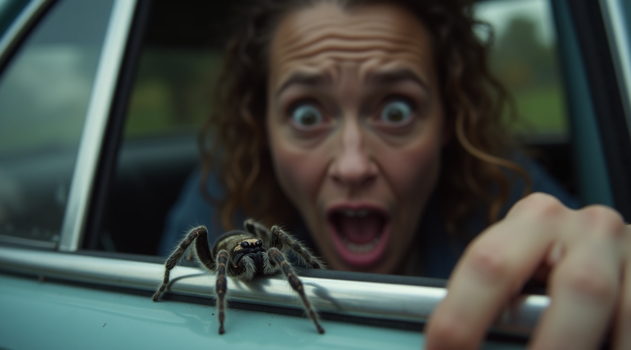Vrouw vertikt het auto in te stappen als ze enorme spin in portiergreep aantreft