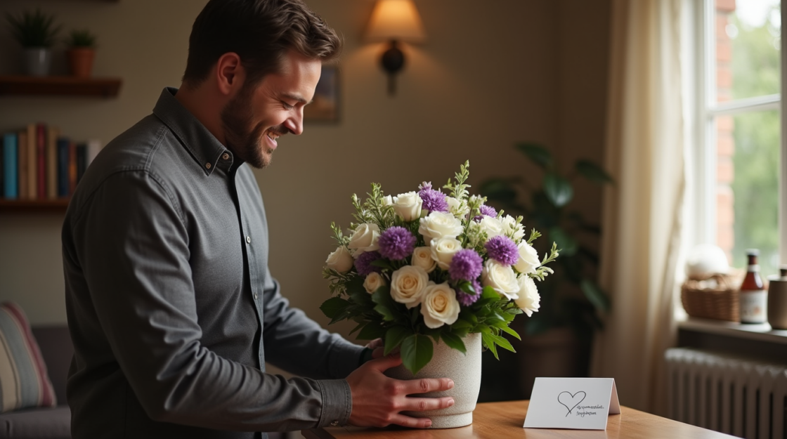 Man krijgt bloemen van zijn vrouw en hij koestert het gebaar