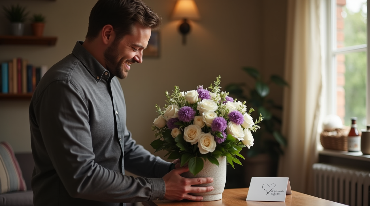 Man krijgt bloemen van zijn vrouw en hij koestert het gebaar
