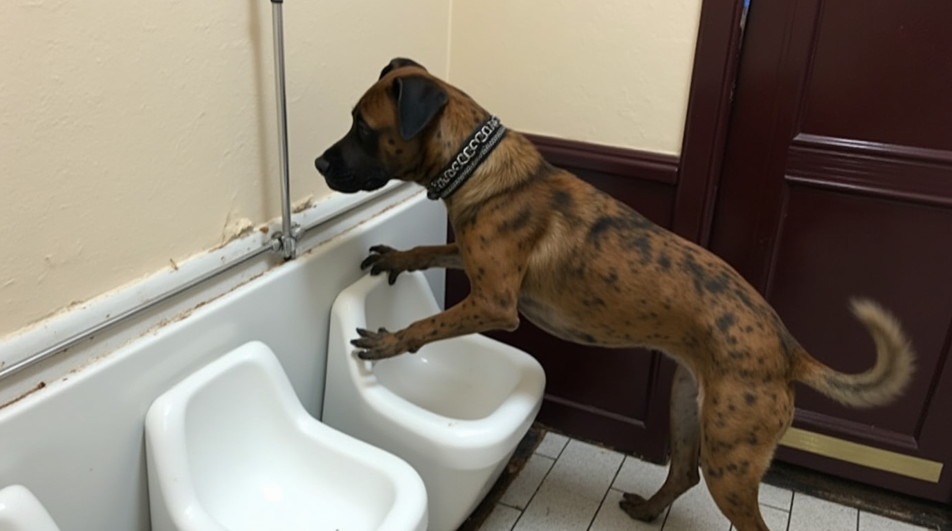 Hilarisch moment als hond van pubbaas naast klant gaat staan en urinoir gebruikt