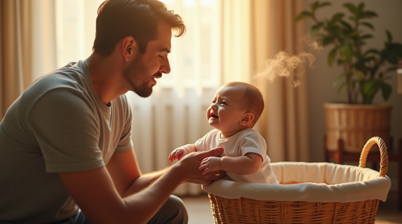 Photo‑realistic, heart‑tugging scene: a young father kneels beside a wicker laundry basket in a softly lit nursery, holding out a gently wrinkled, unwashed T‑shirt toward his crying 3‑month‑old baby. The infant’s tears turn into a serene smile as stylized, translucent “scent waves” drift from the shirt toward the baby’s face. Warm golden sunlight streams through a window, casting a cozy glow. Capture raw emotion and relief in the baby’s expression, the father’s gentle, caring posture, and the everyday laundry setting — a scroll‑stopping, shareable moment of parental love and the power of scent.