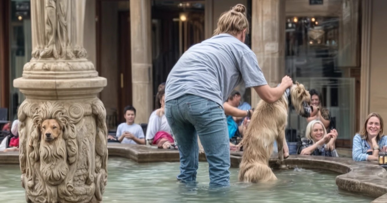 Menigte barst in lachen uit als speelse hond weigert om fontein te verlaten