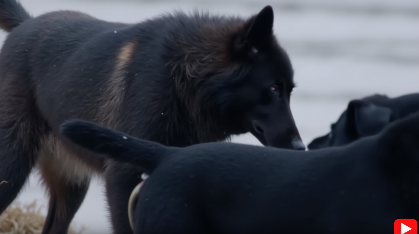 Zijn baasje kijkt hulpeloos toe als de wolf op zijn hond afkomt maar dan gebeurt het ondenkbare
