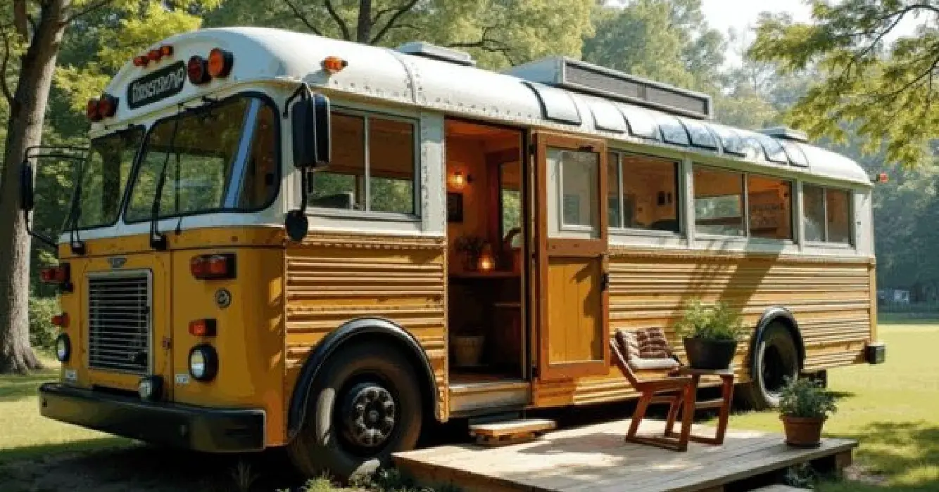 Man stopt met huren om oude bus zonder motor in een tiny house om te toveren